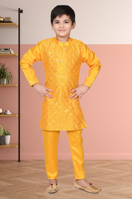 Royall Collection Boys Festive & Party Kurta and Pyjama Set(Yellow Pack of 1)