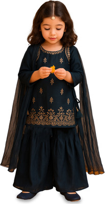 Kidbea Girls Festive & Party Kurta and Sharara Set(Blue Pack of 1)