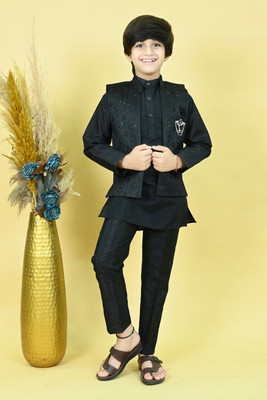 BT DEZINES Boys Festive & Party Kurta, Waistcoat and Pyjama Set(Black Pack of 1)