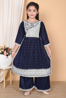 Padosi Girls Festive & Party Kurta and Palazzo Set(Dark Blue Pack of 1)