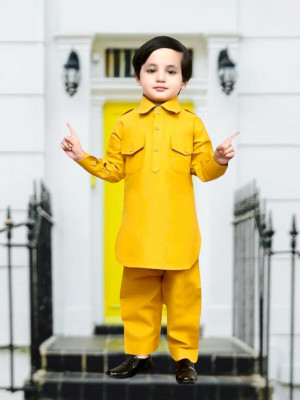 Rania Dresses Baby Boys Casual Pathani Suit Set(Yellow Pack of 1)