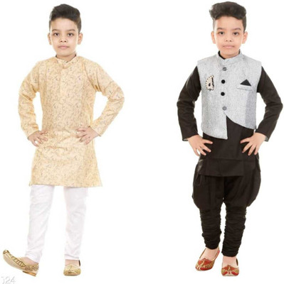 FG FASHION Boys Wedding, Festive & Party, Casual Kurta, Waistcoat and Pyjama Set(Grey Pack of 1)