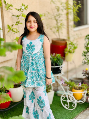 Curly Tales Girls Festive & Party Kurta and Sharara Set(Blue Pack of 1)
