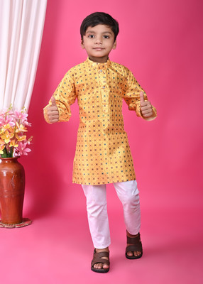 HouseOfCommon Boys Festive & Party Kurta and Pyjama Set(Yellow Pack of 2)