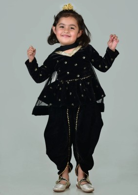 MK LASKAR FASHION Baby Girls Festive & Party Kurta, Churidar & Dupatta Set(Black Pack of 1)