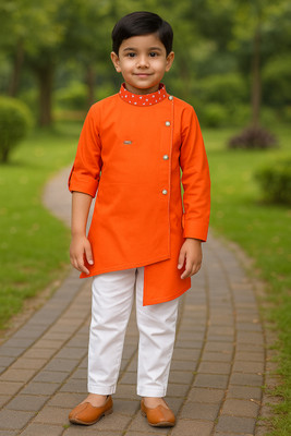 FASHION GRAB Baby Boys Festive & Party Kurta and Pyjama Set(Orange Pack of 1)
