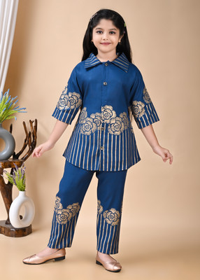 Mselimdresses Girls Casual Kurta Pyjama(Blue)