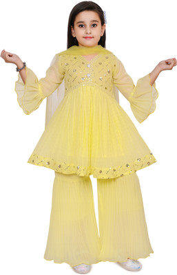 Zenat Girls Festive & Party Angarkha and Sharara Set(Yellow Pack of 1)