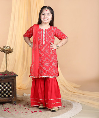 Sangria Girls Festive & Party Kurta and Sharara Set(Red Pack of 2)