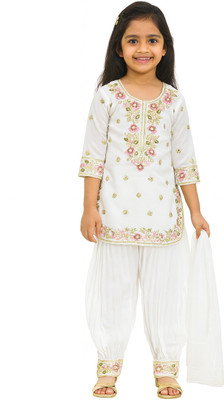 FFION Girls Festive & Party, Casual, Wedding Kurta and Patiala Set(White Pack of 1)