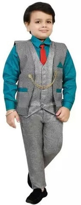 HPN CLOTHING Boys Festive & Party Shirt, Waistcoat and Pant Set(Grey Pack of 1)