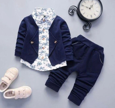 KHODIYAR FASHION Baby Boys Festive & Party Blazer, Shirt and Trouser Set(Blue Pack of 1)