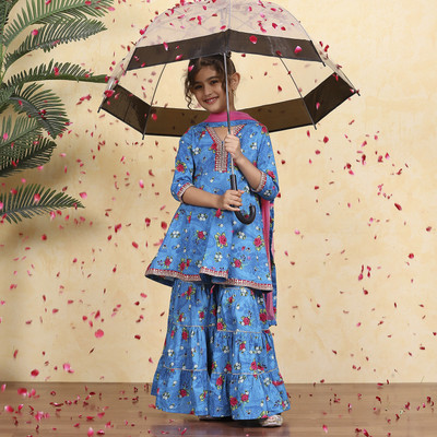 BIBA Girls Casual Kurta, Pyjama & Dupatta Set(Blue Pack of 1)
