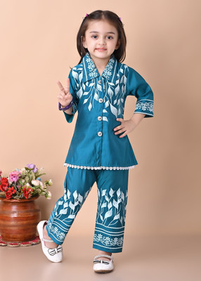 KGNDR Girls Festive & Party Kurta and Pyjama Set(Blue Pack of 1)