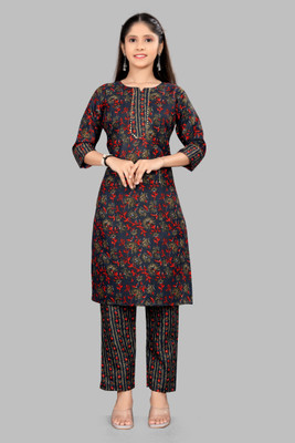 Zenix Collection Girls Casual Kurta and Pyjama Set(Blue Pack of 1)