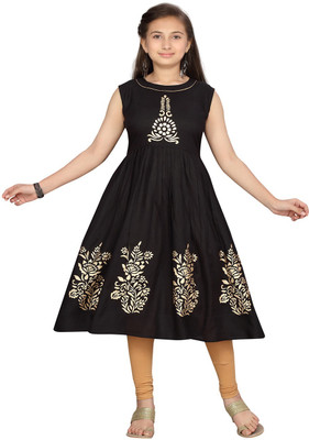 MUHURATAM Girls Printed Flared Kurta(Black)