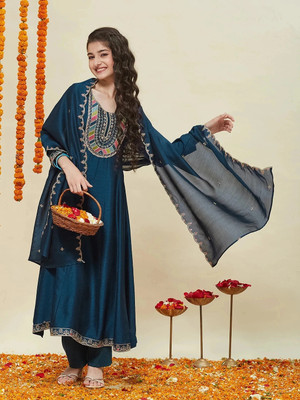 Curly Tales Girls Festive & Party Kurta and Dupatta Set(Dark Blue Pack of 1)