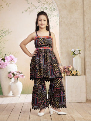 Yk Girls Festive & Party Kurta and Sharara Set(Black Pack of 1)