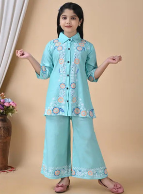 S NAFISHA DRESSES Girls Festive & Party Kurta and Palazzo Set(Blue Pack of 1)