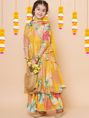 Heni fashion Girls Festive & Party Kurta, Pyjama & Dupatta Set(Yellow Pack of 1)