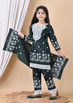 TIKTOK FASHION Girls Festive & Party Kurta, Churidar & Dupatta Set(Green Pack of 1)