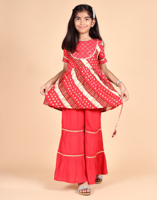 MisBis Girls Festive & Party Angarkha and Sharara Set(Red Pack of 1)