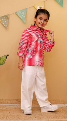 Pari Mahal Girls Casual Shirt, Waistcoat and Pant Set(Pink Pack of 1)