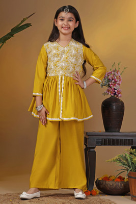 Tasrika Girls Festive & Party Kurta and Palazzo Set(Yellow Pack of 1)