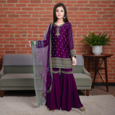 Cartyshop Girls Festive & Party Kurta and Sharara Set(Maroon Pack of 1)