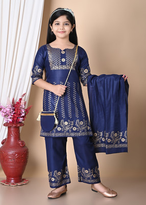 fashionweb Girls Festive & Party Kurta and Palazzo Set(Blue Pack of 4)