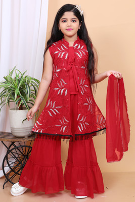 Samshil Fashion Girls Festive & Party Ethnic Jacket, Kurta and Palazzo Set(Red Pack of 1)