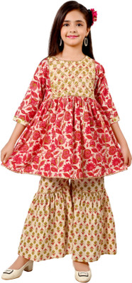 Arshia Fashions Girls Festive & Party Kurta and Palazzo Set(Pink Pack of 1)