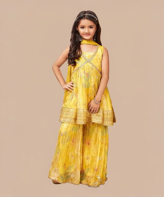 Wommaniya Impex Girls Festive & Party Kurta and Sharara Set(Yellow Pack of 1)
