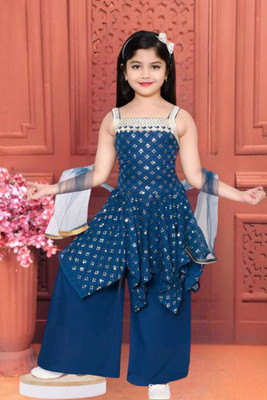 Rania Dresses Girls Festive & Party Kurta and Palazzo Set(Blue Pack of 1)