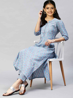SATVASHIV Girls Festive & Party Kurta and Pyjama Set(Light Blue Pack of 1)