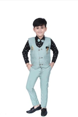 AnishkaFashion Boys Festive & Party Shirt, Waistcoat and Pant Set(Blue Pack of 1)