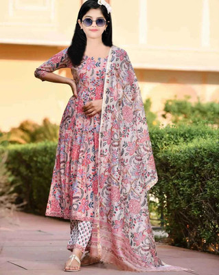 Mitukart Girls Casual Churidar and Dupatta Set(Pink Pack of 1)