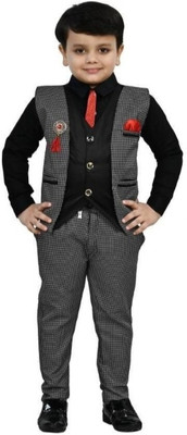 Paryushnam Boys Festive & Party, Wedding Shirt, Waistcoat and Pant Set(Black Pack of 1)