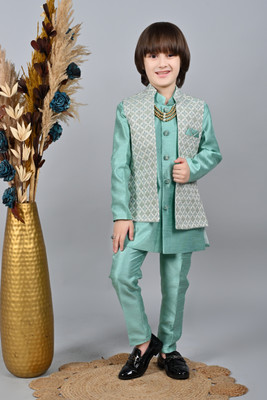 AHHAAAA Boys Festive & Party Kurta, Waistcoat and Breeches Set(Blue Pack of 1)