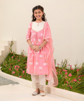 Pspeaches Girls Festive & Party Kurta, Pyjama & Dupatta Set(Orange Pack of 1)