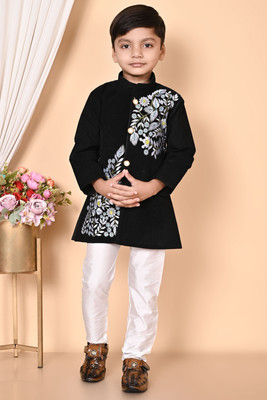 Funnyboo Boys Festive & Party Kurta and Pyjama Set(Black Pack of 1)