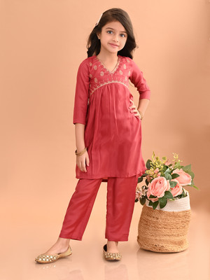 Lilpicks Girls Festive & Party Kurta and Palazzo Set(Red Pack of 1)