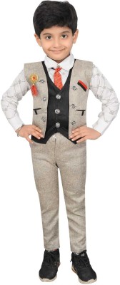 MISS LOCAL Boys Festive & Party Shirt, Waistcoat and Pant Set(Beige Pack of 1)