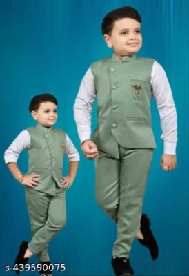 SONUJSIN Baby Boys Festive & Party Shirt, Waistcoat and Pant Set(Green Pack of 1)