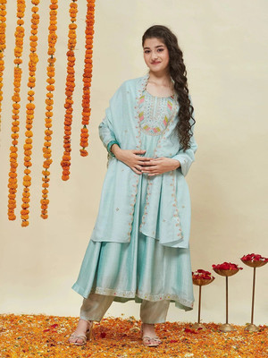 Curly Tales Girls Festive & Party Kurta and Dupatta Set(Blue Pack of 1)