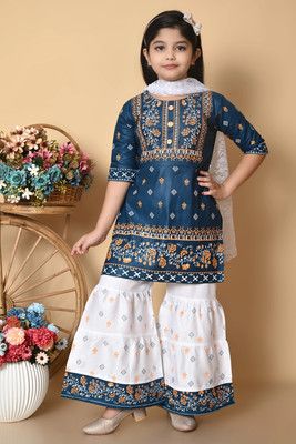 Kidsearth Girls Casual Kurta, Churidar & Dupatta Set(Blue Pack of 1)
