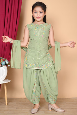 PADOSIBABU Girls Festive & Party Kurta, Dhoti Pant & Dupatta Set(Light Green Pack of 1)