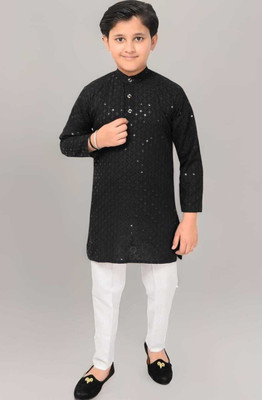 Pure Hearts Boys Casual Kurta and Pyjama Set(Black Pack of 1)
