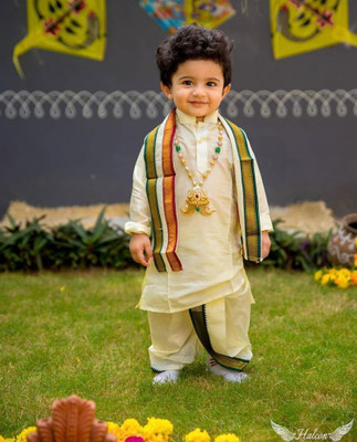 RISANFASHION Boys Festive & Party Kurta, Dhoti Pant & Dupatta Set(Gold Pack of 1)