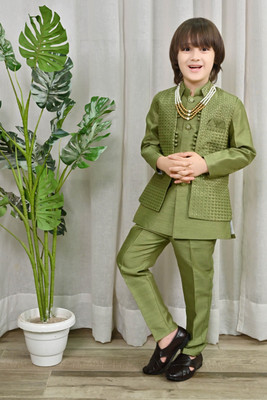 AHHAAAA Boys Festive & Party Kurta, Waistcoat and Breeches Set(Green Pack of 1)
